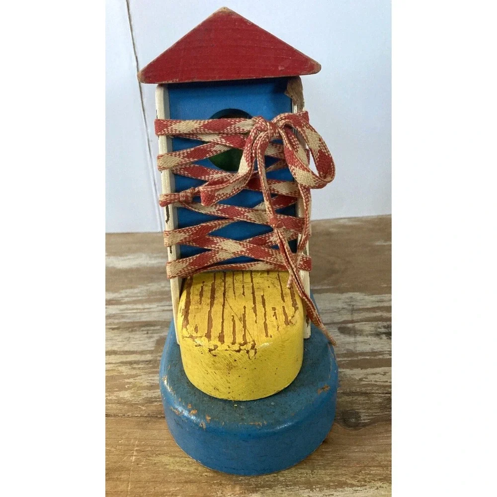 Vintage Sifo child's preschool wood lacing toy puzzle Old Woman in Shoe 1960's